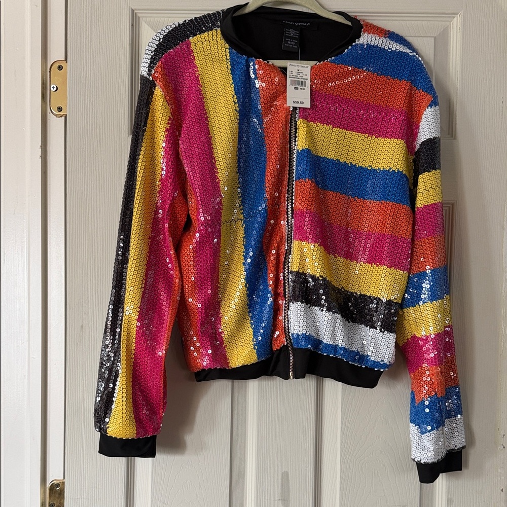 Ashley Stewart Multicolor Sequin Zip Bomber Jacket